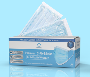Litepak Premium Disposable Face Masks 3-Ply (50-Pack, Individually Wrapped)