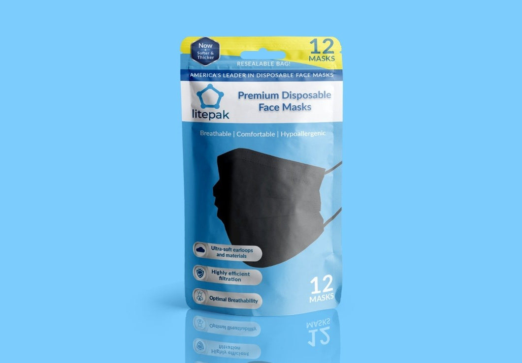 Litepak Black 3-Ply Disposable Face Mask (Hangable Retail Bags)