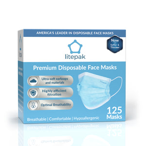 125 Masks- Litepak Premium-Grade Disposable 3-Ply Face Mask