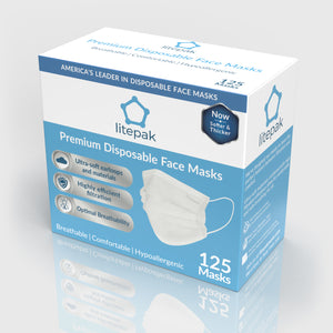 125 Masks- Litepak Premium-Grade Disposable 3-Ply Face Mask