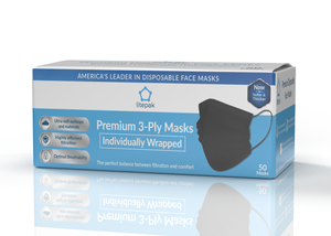 Litepak Premium Disposable Face Masks Black 3-Ply Individually Wrapped