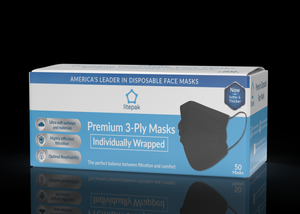 Litepak Premium Disposable Face Masks Black 3-Ply Individually Wrapped