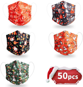 50 Pack 3-Ply Disposable Christmas Face Masks with Assorted Designs
