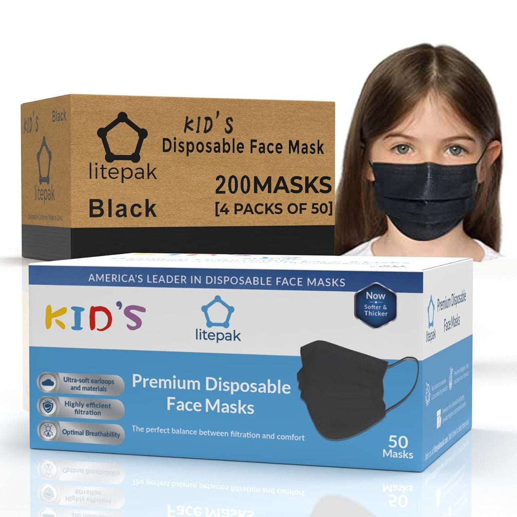 Kids Disposable Face Masks - 3 Ply Kids Mask For Boys Girls Children- Black