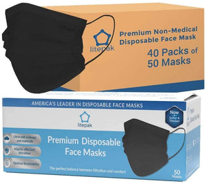 2000pcs Litepak Premium Disposable Face Masks 3-Ply - Black