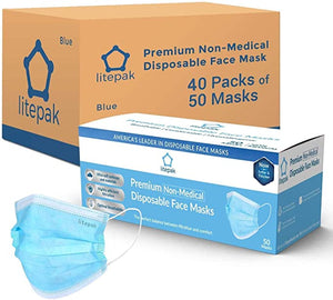 Litepak Premium Disposable Face Masks 3-Ply, 2000 Masks - Blue