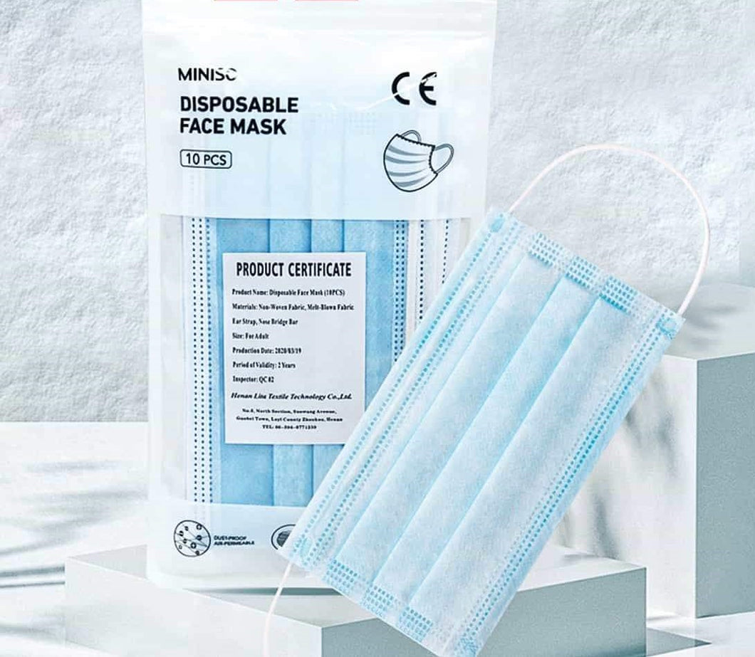 Blue 3-Ply Disposable Face Mask with Earloop & Hang Tab (Packs of 10,50,...2000)