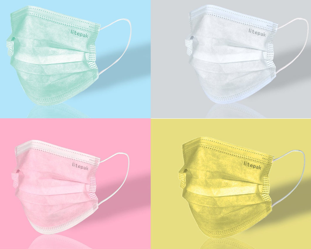 Litepak Multicolored Disposable Face Masks - 3 Ply Face Mask Variety Pack - Face Mask For Women/Men (4 Boxes of 50, Pink, Green, White, Yellow)