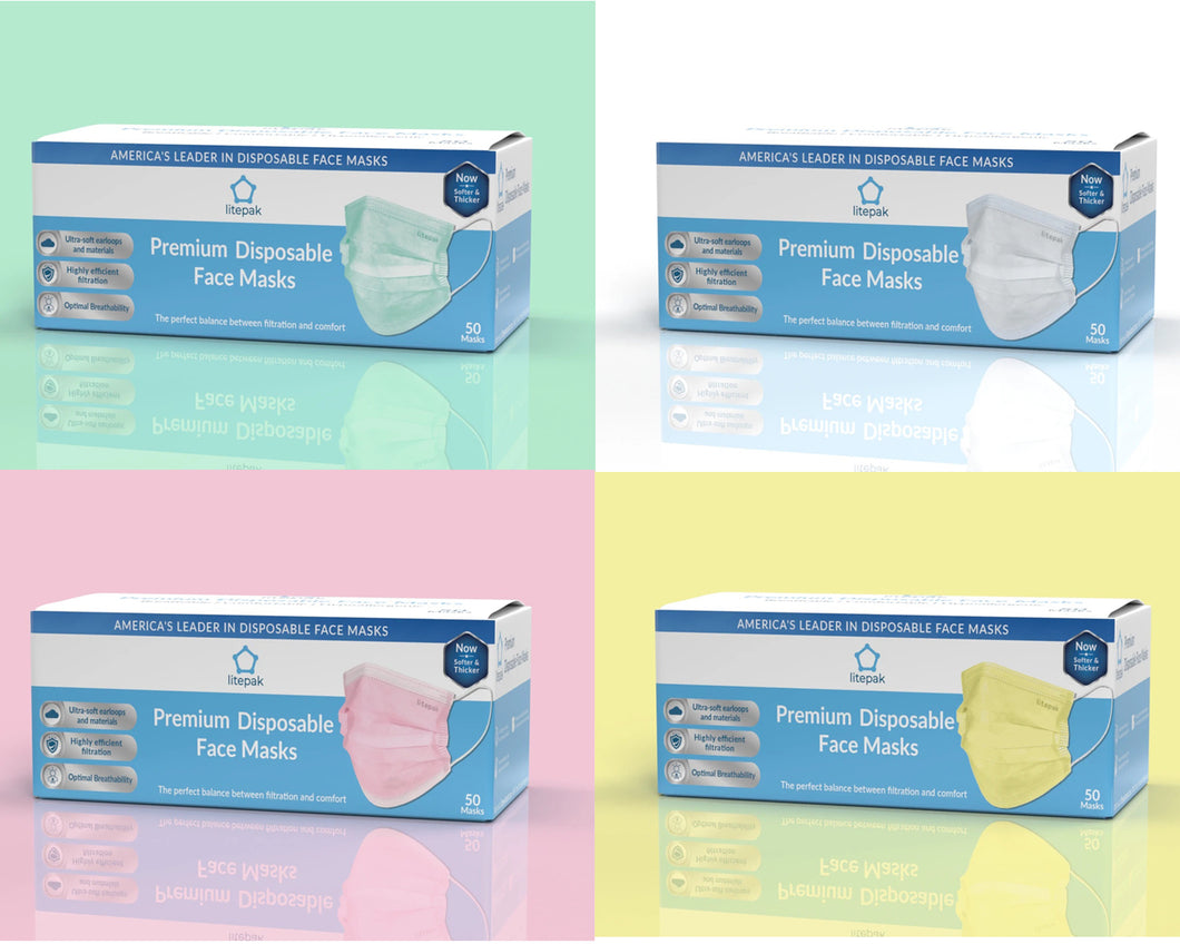 Litepak Premium Disposable Face Masks 3-Ply Color Bundle (4 Boxes of 50, Multiple Colors)