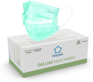 Litepak Deluxe Disposable Face Mask (Individually Wrapped, 30ct, Thick, Green)