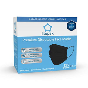 125 Masks- Litepak Premium-Grade Disposable 3-Ply Face Mask