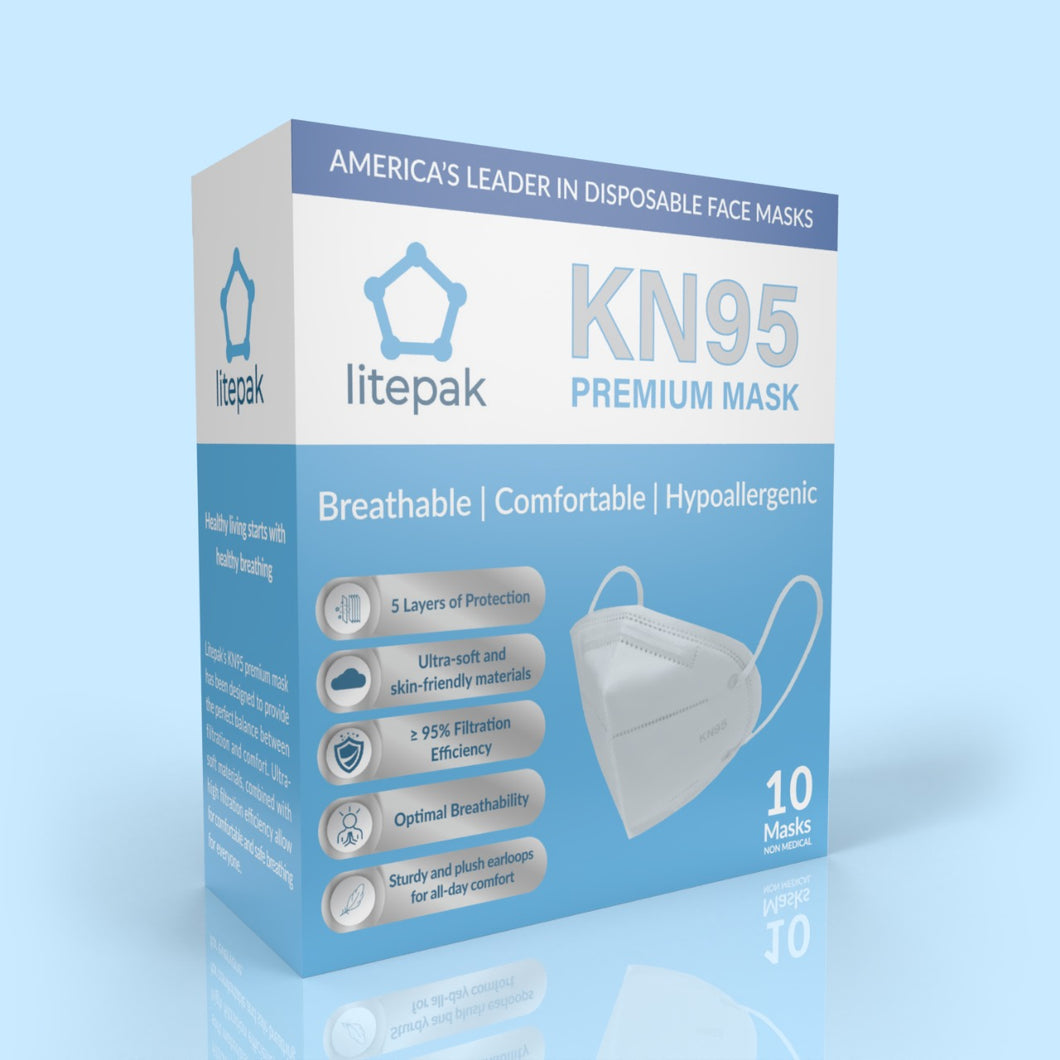 (10-Pack) Litepak Premium KN95 Face Mask - 5 Layer Filtration Respirator