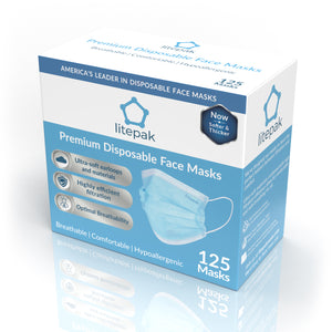 125 Masks- Litepak Premium-Grade Disposable 3-Ply Face Mask