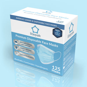 125 Masks- Litepak Premium-Grade Disposable 3-Ply Face Mask