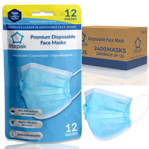 2400pcs Litepak Premium Disposable 3-Ply Face Masks BLUE - 200 Packs of 12