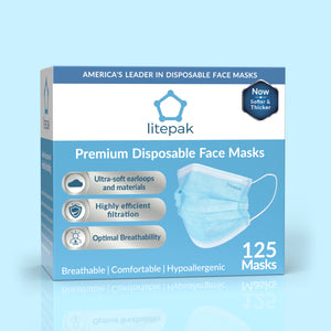 125 Masks- Litepak Premium-Grade Disposable 3-Ply Face Mask