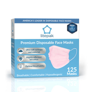 125 Masks- Litepak Premium-Grade Disposable 3-Ply Face Mask