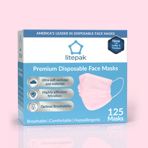 125 Masks- Litepak Premium-Grade Disposable 3-Ply Face Mask