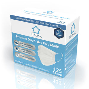 125 Masks- Litepak Premium-Grade Disposable 3-Ply Face Mask