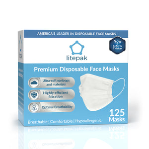 125 Masks- Litepak Premium-Grade Disposable 3-Ply Face Mask