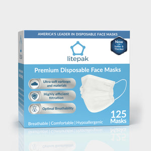 125 Masks- Litepak Premium-Grade Disposable 3-Ply Face Mask